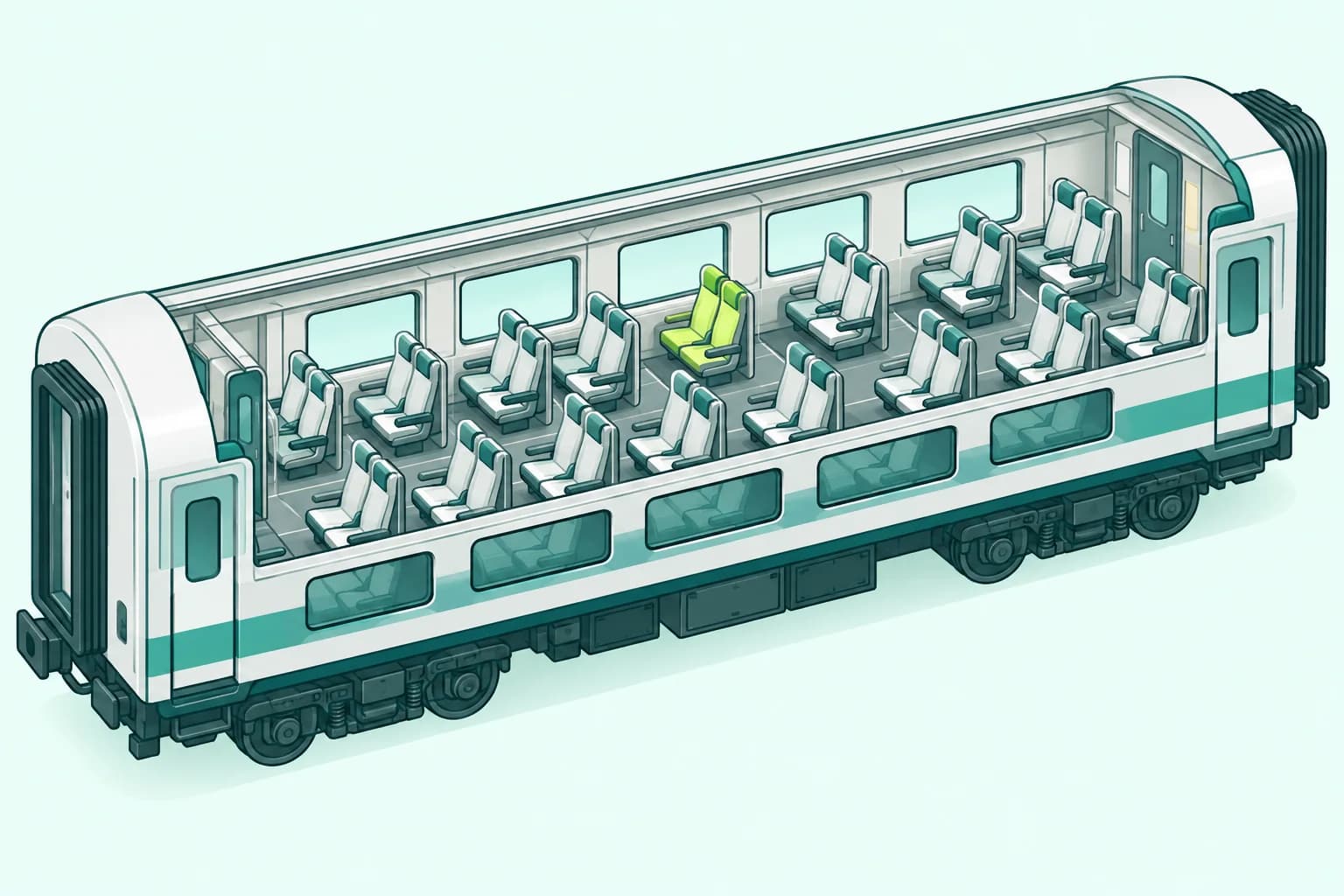 Single train carriage cutaway with a central forward-facing window-seat pair highlighted in lime.