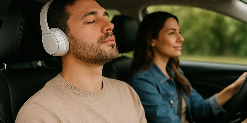 Happy family on a car road trip without motion sickness