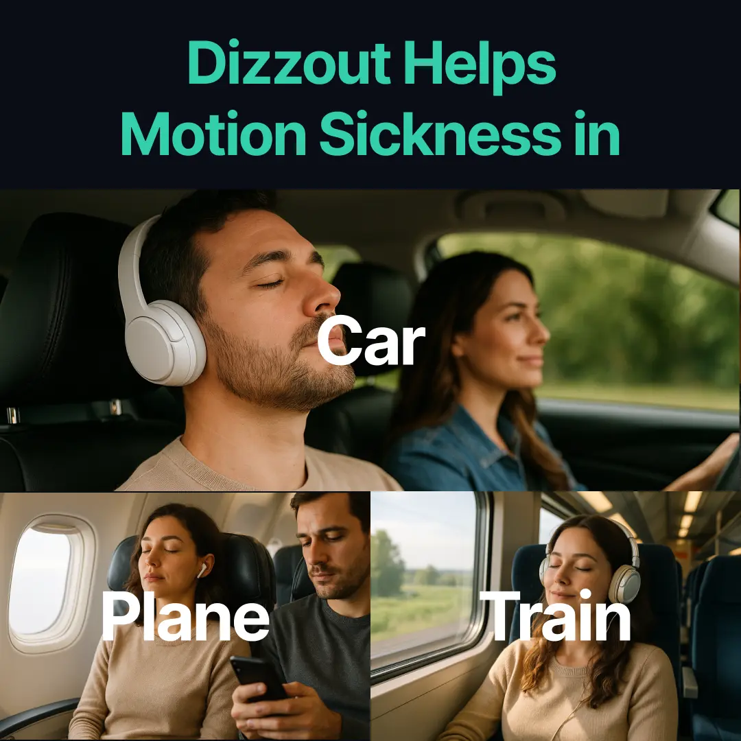 Relieved woman wearing headphones in car, plane, and train