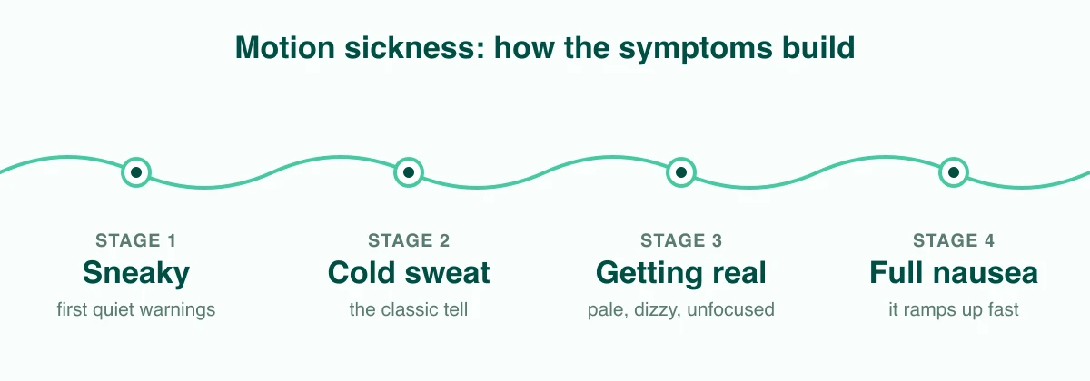 Motion sickness symptoms in order: sneaky first warnings like an unsettled stomach and yawning, then a cold sweat, then pale skin and dizziness, then full nausea.